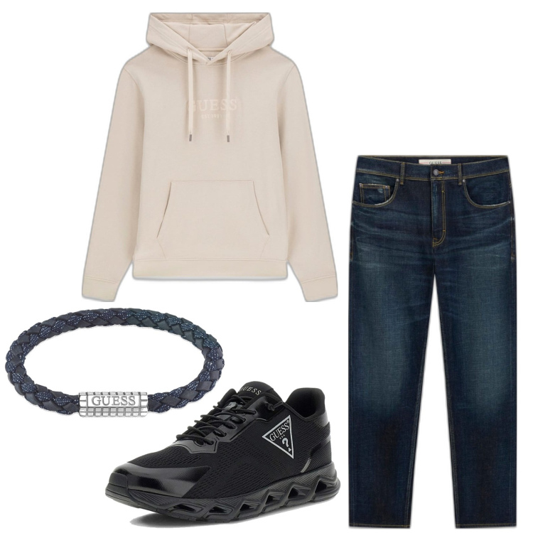 Outfit hombre - Casual. Estilo Casual para Todos los días. Combinación con sudaderas con capucha, vaqueros rectos, sneakers, pulseras.