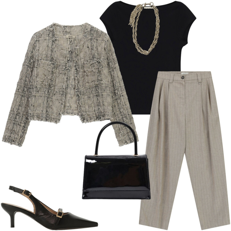 Outfit donna - L\' ordine perfetto. Stile Casual chic per Ufficio. Abbinamento con sandali col tacco, collane, blazer, pantaloni, top, borse a mano.