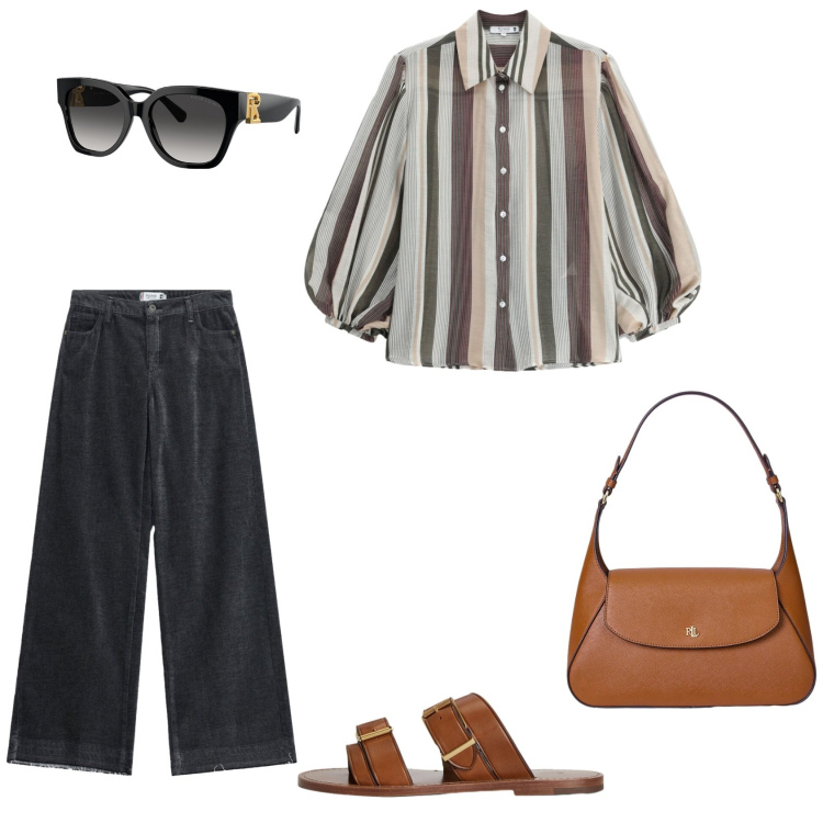 Outfit donna - Ritorno in ufficio. Abbinamento con camicie, jeans, borse a spalla, occhiali da sole, sandali in pelle.