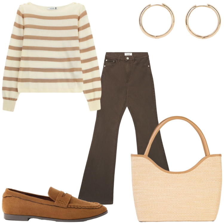 Outfit donna - Mezza stagione. Stile Urban per Tutti i giorni. Abbinamento con orecchini, shopping bag, mocassini, jeans a zampa, maglieria.