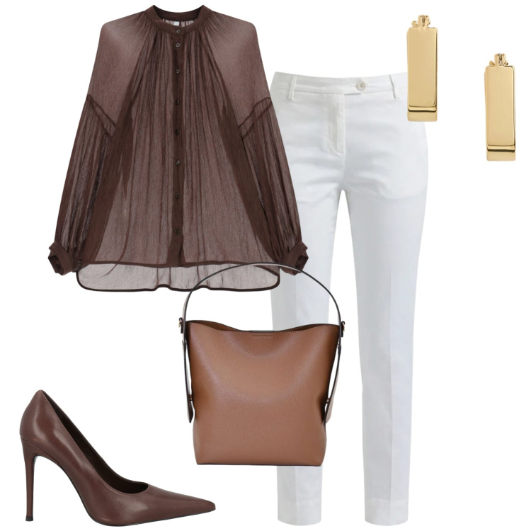 Outfit donna - Fine agosto. Stile Casual chic per Tutti i giorni. Abbinamento con décolleté, pantaloni, camicie, borse a mano, orecchini.