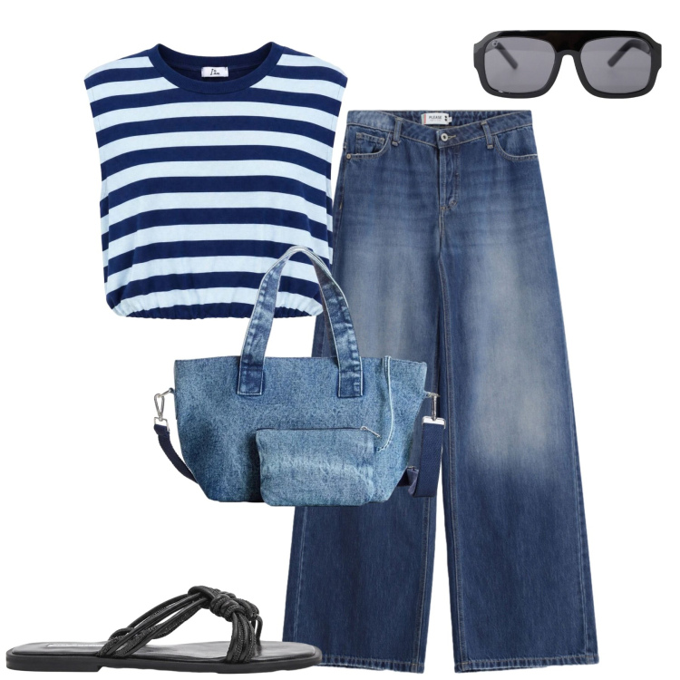 Outfit donna - City. Stile Casual per Tutti i giorni. Abbinamento con borse a mano, top, occhiali da sole, jeans, sandali.