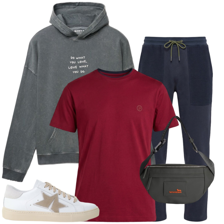 Outfit uomo - Total look #2458358. Stile Casual per Tutti i giorni. Abbinamento con borse sportive, t-shirt, pantaloni, sneakers, felpe con cappuccio.