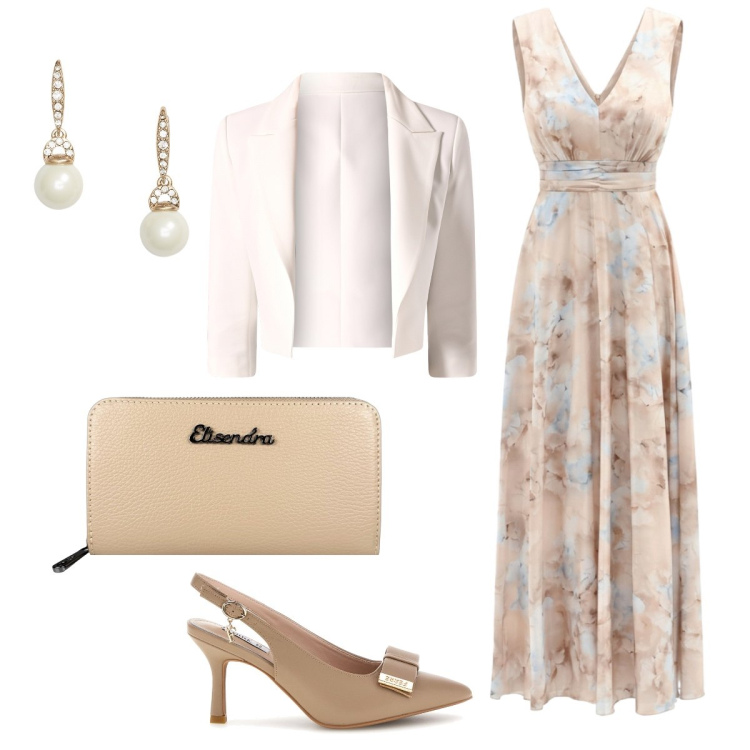 Outfit donna - Vergine: sobria ma curata nei dettagli. Stile Chic per Serata fuori. Abbinamento con vestiti lunghi, blazer, portafogli, orecchini, décolleté.