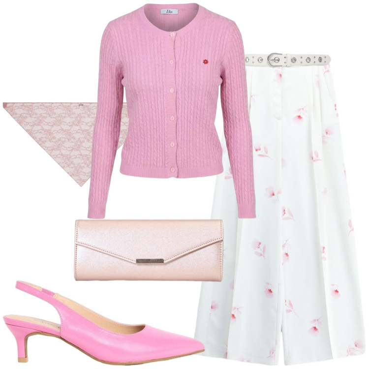 Outfit donna - Aperitivo. Stile Casual chic per Serata fuori. Abbinamento con décolleté, pantaloni a palazzo, cinture, foulard, cardigans, clutch.