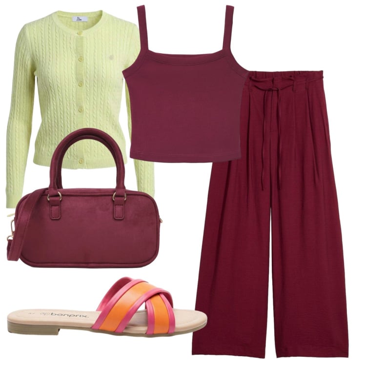 Outfit donna - Total look #2458415. Stile Urban per Ufficio. Abbinamento con pantaloni, ciabatte, canottiere, borse a tracolla, cardigans.