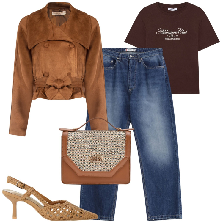 Outfit donna - Fine estate. Stile Casual chic per Tutti i giorni. Abbinamento con t-shirt, décolleté, jeans dritti, giacche, pochette.