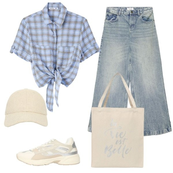 Outfit donna - Total look #2458475. Stile Casual per Scuola/Università. Abbinamento con camicie a manica corta, borse tote, sneakers, cappelli con visiera, jeans.