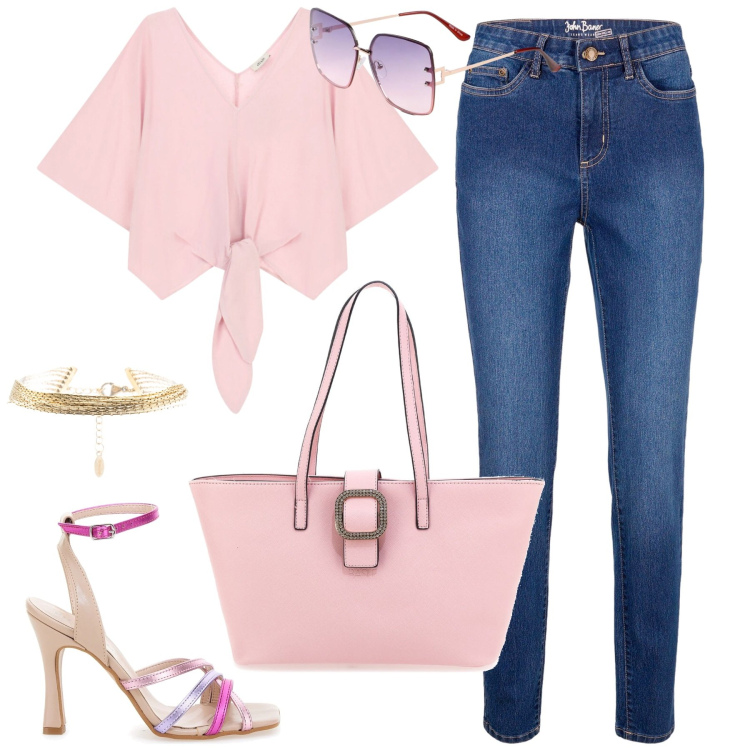 Outfit donna - Segno della vergine. Stile Casual chic per Tutti i giorni. Abbinamento con occhiali da sole, jeans skinny, bluse, braccialetti, borse a spalla, sandali col tacco.