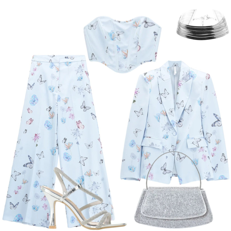 Outfit donna - Set coordinati perfetti per cerimonie. Stile Trendy per Cerimonia. Abbinamento con pantaloni a palazzo, blazer, top, sandali col tacco, borse a spalla, braccialetti.