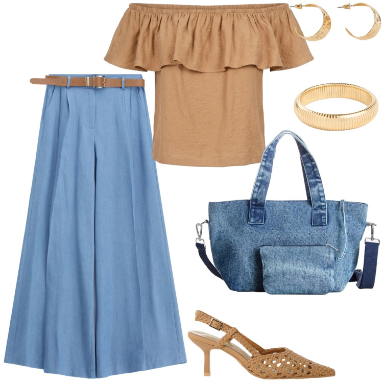 Outfit donna - Total look #2458512. Stile Casual per Ufficio. Abbinamento con borse a mano, braccialetti, orecchini, jeans, décolleté, top.