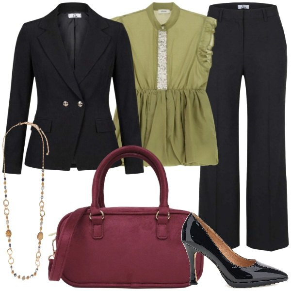 Outfit donna - outfit Vergine: equilibrio complesso. Stile Glamour per Serata fuori. Abbinamento con top, borse a tracolla, pantaloni a palazzo, blazer, collane, décolleté.