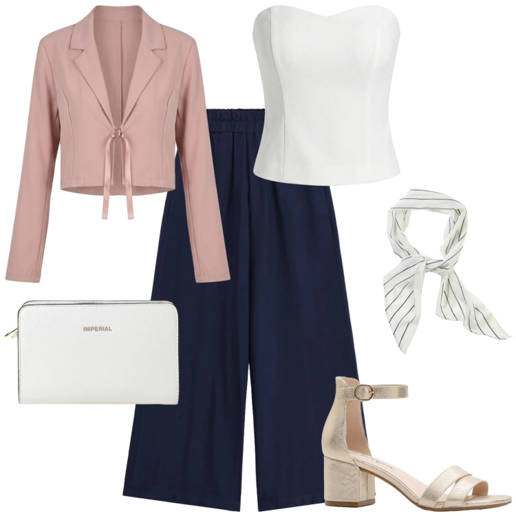 Outfit donna - Pantaloni dalla linea ampia e fluida. Stile Casual chic per Tutti i giorni. Abbinamento con sandali col tacco, foulard, pantaloni, borse a tracolla, top, bolero.