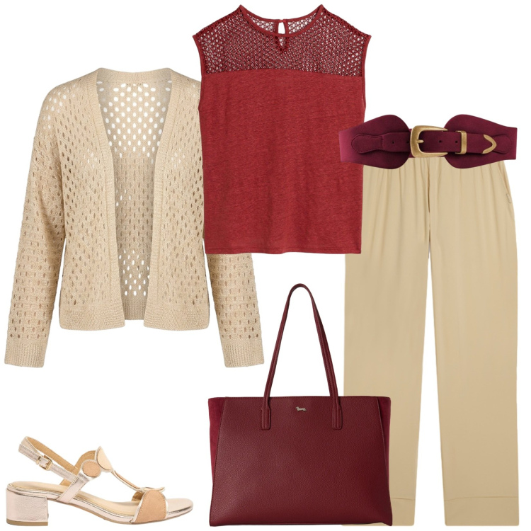 Outfit donna - Total look #2458520. Stile Casual per Tutti i giorni. Abbinamento con sandali col tacco, top, cinture, shopping bag, pantaloni, cardigans.