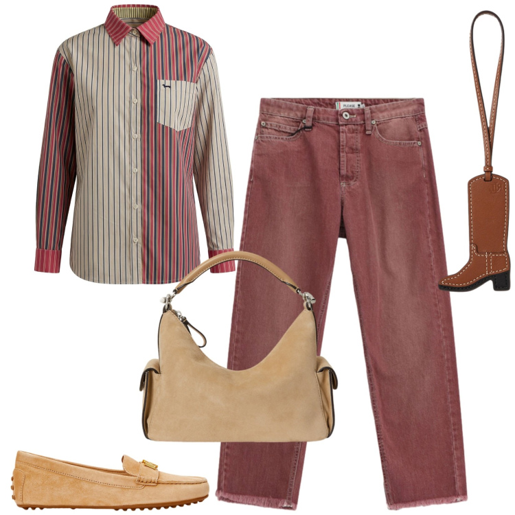 Outfit donna - Total look #2458521. Stile Casual per Tutti i giorni. Abbinamento con camicie, jeans dritti, mocassini, borse a spalla, ciondoli.