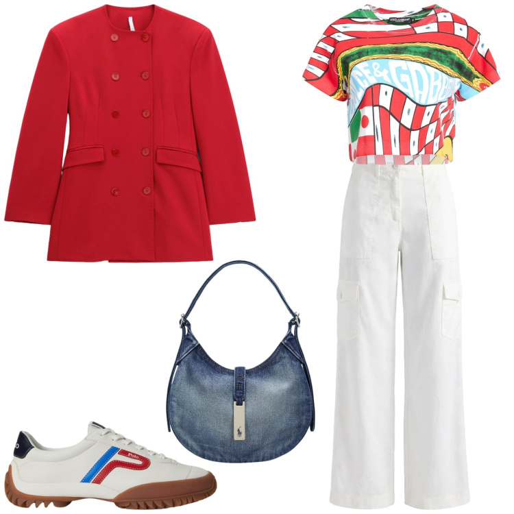 Outfit donna - Midi. per Tutti i giorni. Abbinamento con t-shirt, pantaloni cargo, blazer, borse a spalla, sneakers.