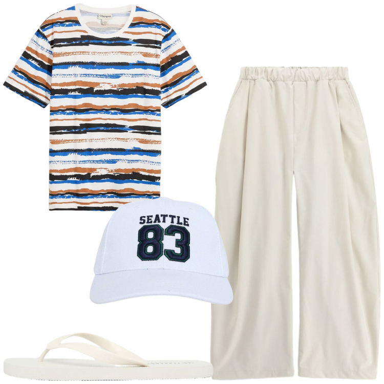 Outfit uomo - Total look #2458528. Stile Casual per Mare. Abbinamento con t-shirt, cappelli con visiera, sandali, pantaloni.