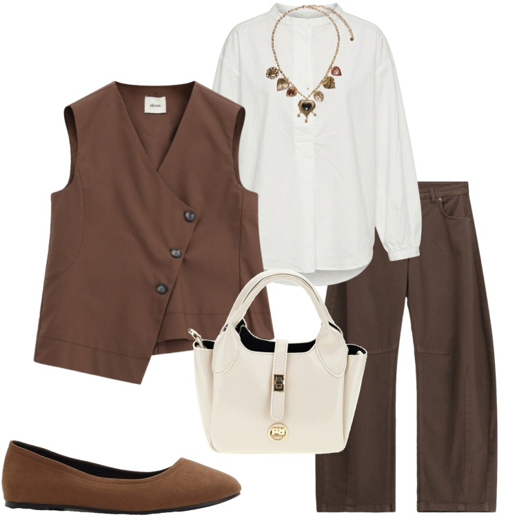 Outfit donna - L\' ordine perfetto. Stile Casual chic per Ufficio. Abbinamento con ballerine, gilet, pantaloni, camicie, collane, borse a mano.