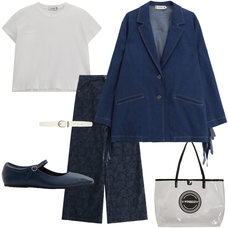 Outfit donna - Fine agosto. Stile Casual chic per Ufficio. Abbinamento con ballerine, cinture, jeans, t-shirt, blazer, shopping bag.