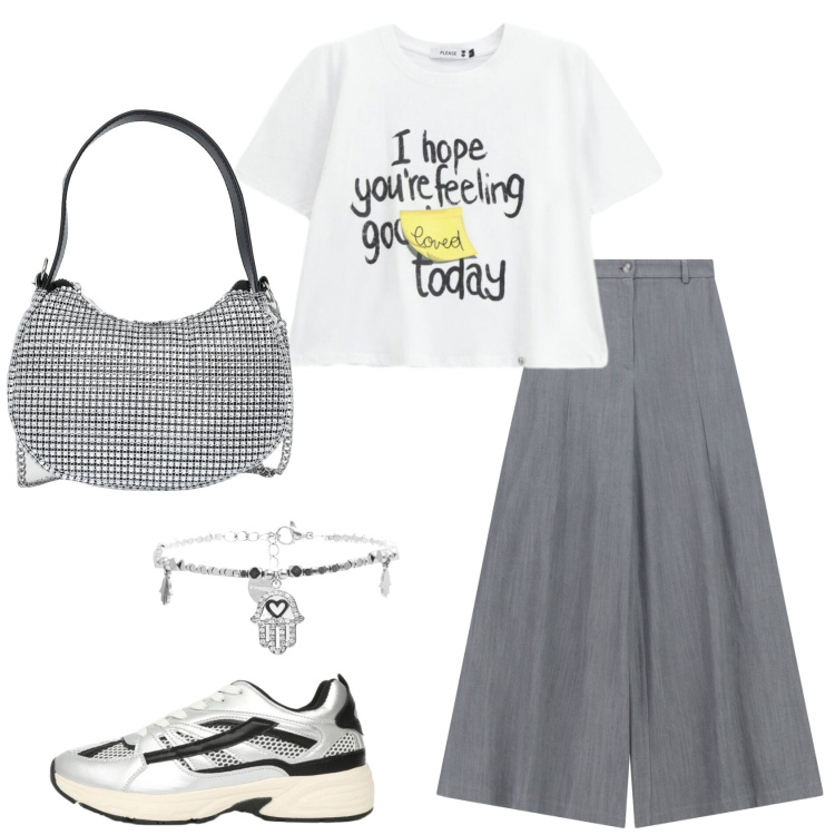 Outfit donna - Flesh. Stile Urban per Tutti i giorni. Abbinamento con sneakers, borse a spalla, pantaloni a palazzo, t-shirt, braccialetti.