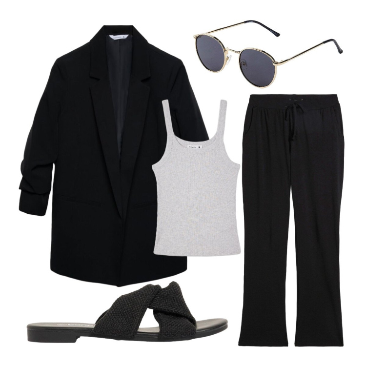 Outfit donna - Estate in ufficio. Stile Mannish per Ufficio. Abbinamento con pantaloni, occhiali da sole, sandali, canottiere, blazer.