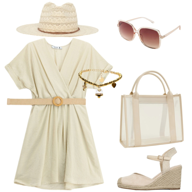 Outfit donna - In vacanza. Stile Casual chic per Tutti i giorni. Abbinamento con occhiali da sole, borse tote, zeppe, cappelli, vestiti corti, braccialetti.