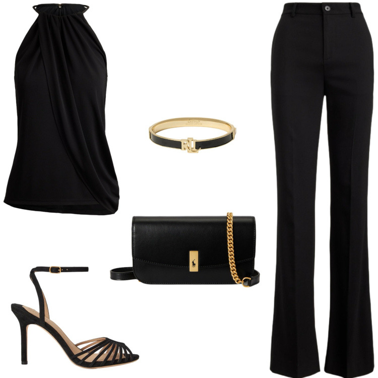 Outfit donna - Elegante per la serata. Stile Chic per Serata fuori. Abbinamento con clutch, top, braccialetti, sandali col tacco, pantaloni.