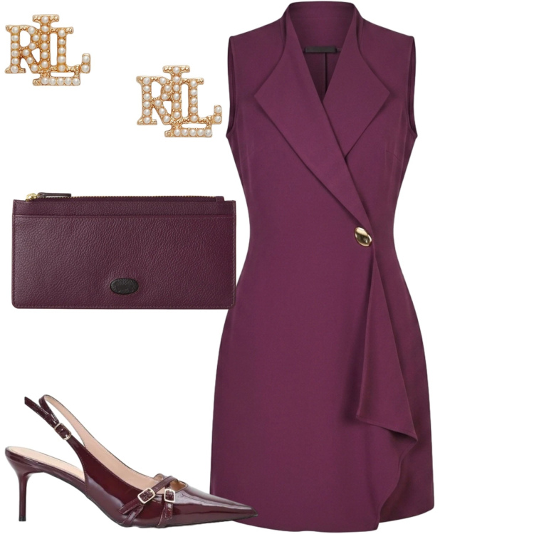 Outfit donna - City. Stile Urban per Tutti i giorni. Abbinamento con portafogli, vestiti asimmetrici, décolleté, orecchini.