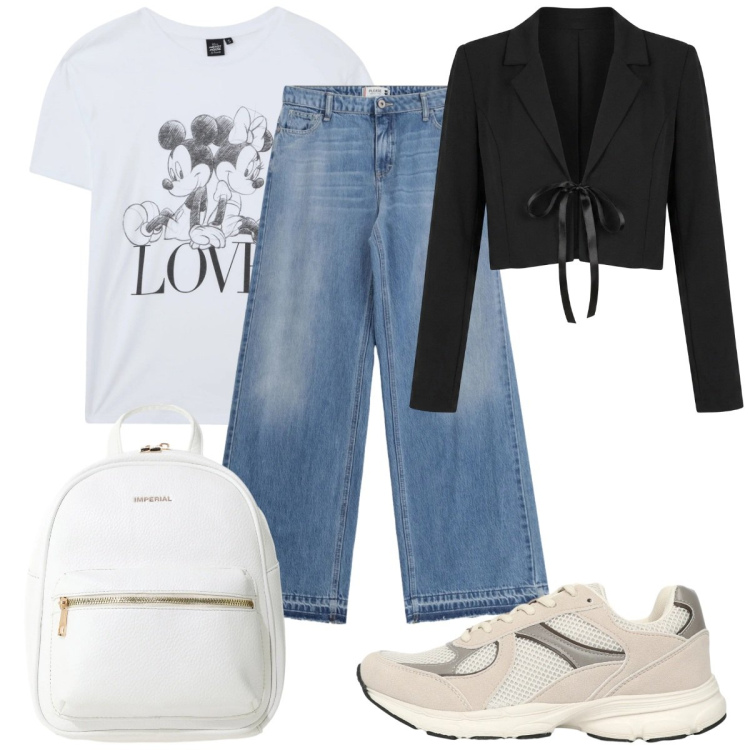 Outfit donna - Total look #2458576. Stile Casual per Tutti i giorni. Abbinamento con sneakers, t-shirt, zaini, jeans, bolero.