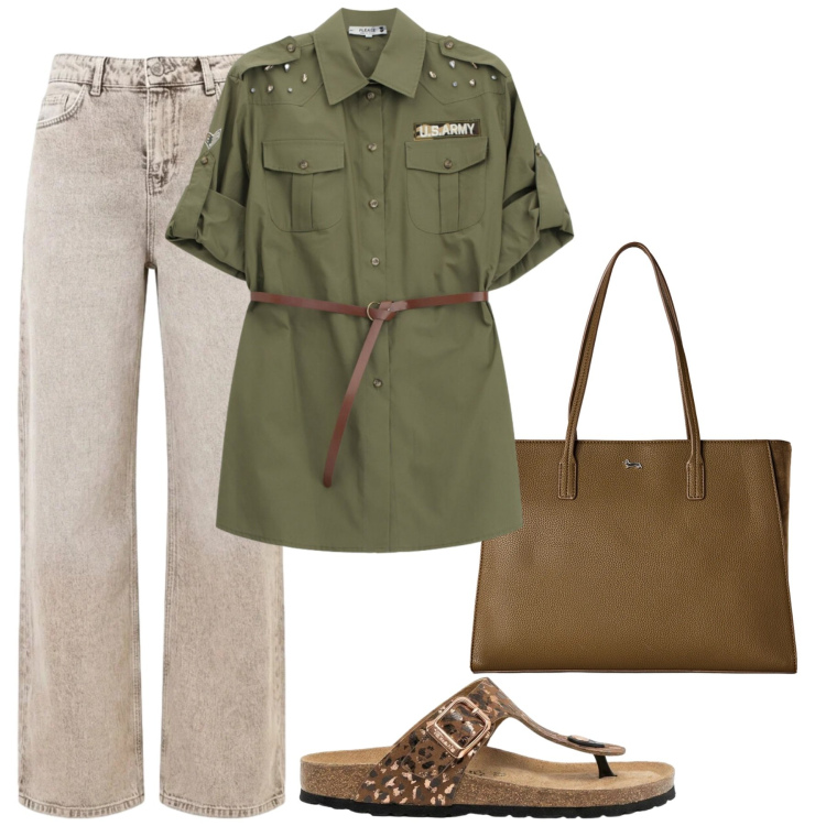 Outfit donna - Svago. Stile Military per Tutti i giorni. Abbinamento con infradito, shopping bag, jeans dritti, camicie.