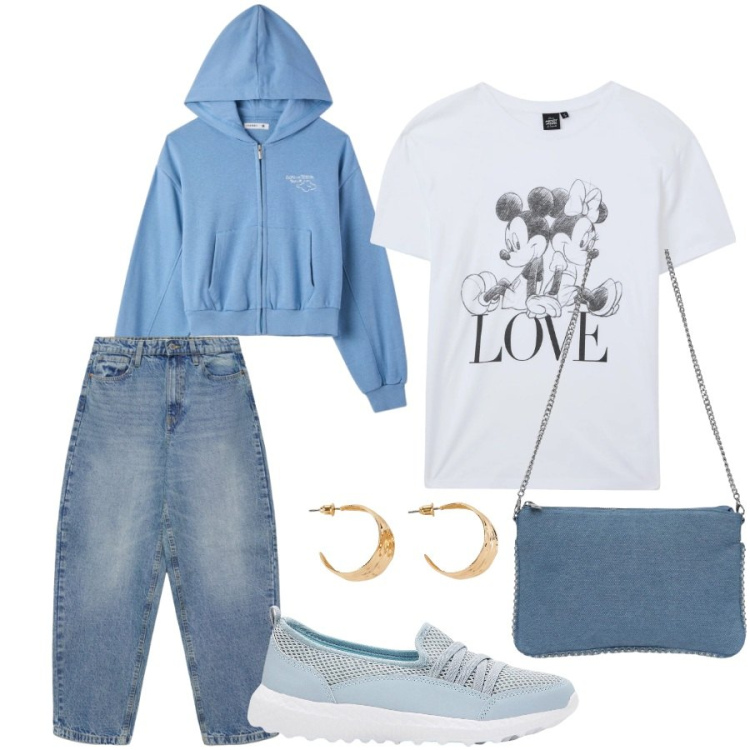 Outfit donna - Total look #2458583. Stile Casual chic per Tutti i giorni. Abbinamento con sneakers, orecchini, borse a tracolla, t-shirt, felpe con cappuccio, jeans.