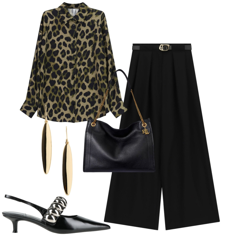 Outfit donna - Fall. Stile Urban per Tutti i giorni. Abbinamento con décolleté, pantaloni a palazzo, camicie, borse tote, orecchini.