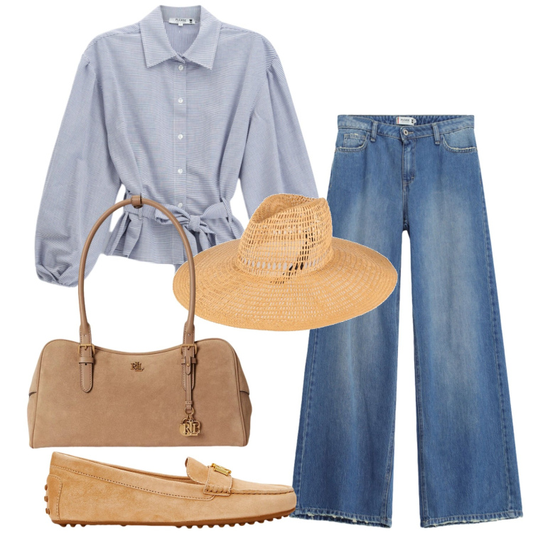 Outfit donna - Casual. Stile Bon Ton per Tutti i giorni. Abbinamento con cappelli, camicie, jeans dritti, mocassini, borse a mano.