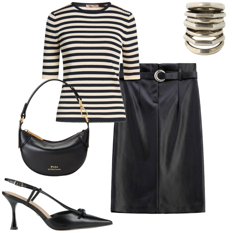 Outfit donna - Fall. Stile Urban per Tutti i giorni. Abbinamento con décolleté, pullovers, gonne longuette, portafogli, anelli.