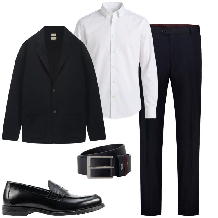 Outfit uomo - Fall. Stile Urban per Tutti i giorni. Abbinamento con camicie, cinture, pantaloni, cardigans, scarpe stringate.
