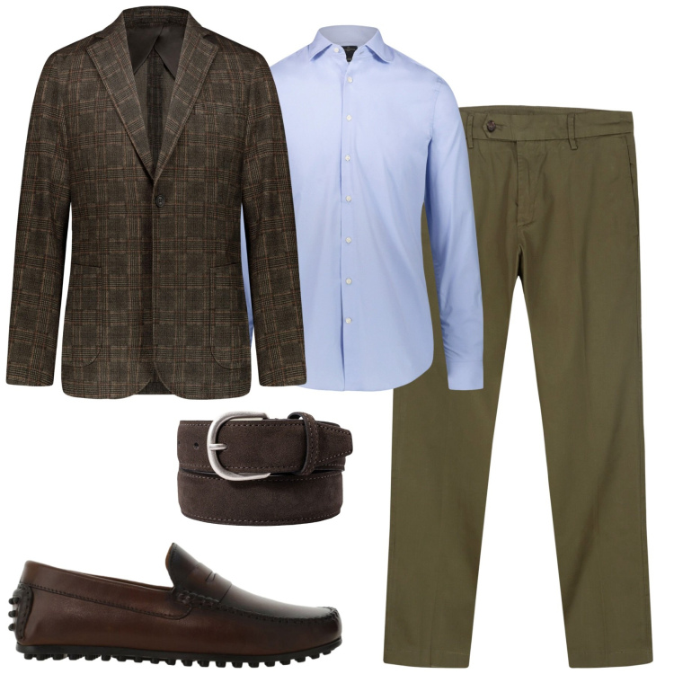 Outfit uomo - Early fall. Stile Urban per Tutti i giorni. Abbinamento con scarpe stringate, camicie, giacche, pantaloni chino, cinture.