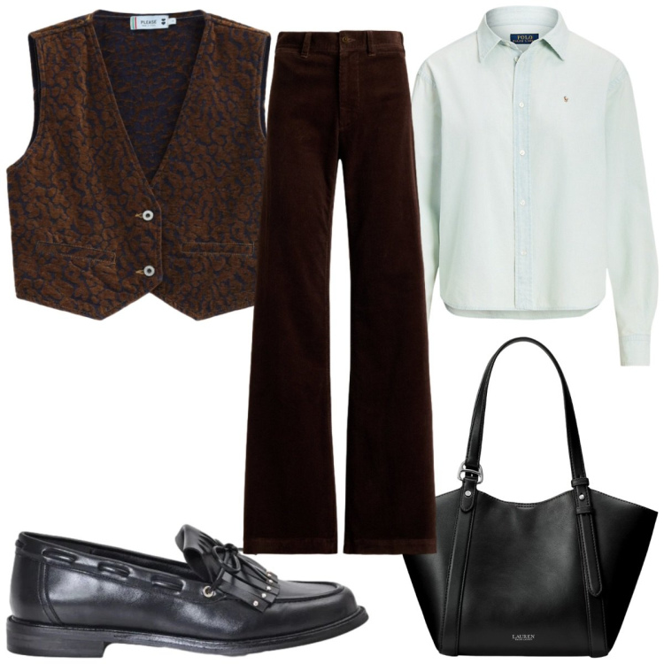Outfit donna - Total look #2458613. Stile Mannish per Ufficio. Abbinamento con mocassini, gilet, camicie, pantaloni, borse tote.
