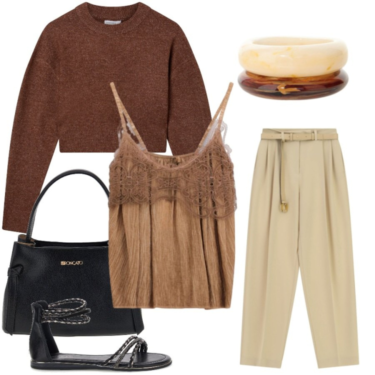Outfit donna - Total look #2458619. Stile Casual chic per Tutti i giorni. Abbinamento con pantaloni a palazzo, top, braccialetti, maglieria, sandali, borse a tracolla.