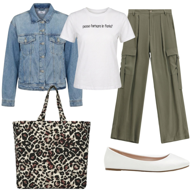 Outfit donna - Ritrovo con le amiche. Stile Casual chic per Tutti i giorni. Abbinamento con ballerine, shopping bag, cappotti, pantaloni cargo, t-shirt.