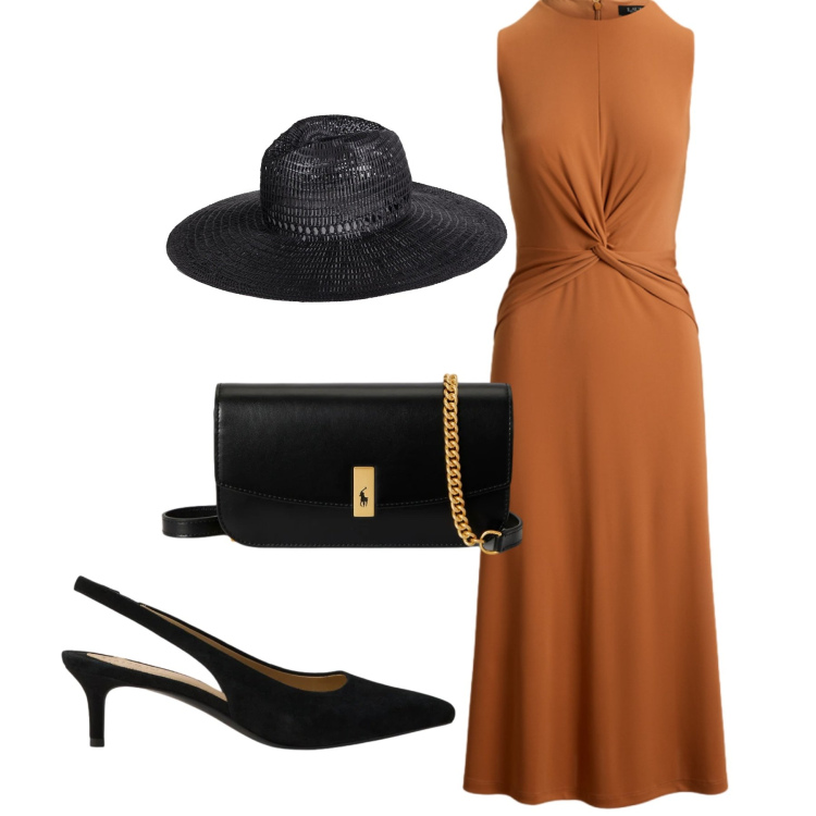 Outfit donna - Cerimonia. Stile Chic per Cerimonia. Abbinamento con cappelli, vestiti senza maniche, décolleté, clutch.
