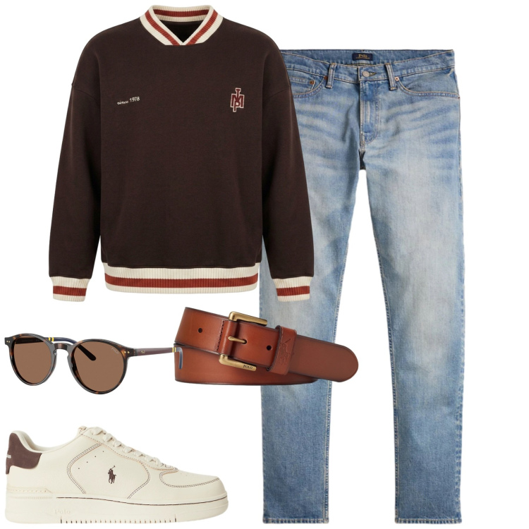 Outfit uomo - Vintage style. Stile Trendy per Tutti i giorni. Abbinamento con felpe, cinture, occhiali da sole, jeans, sneakers.