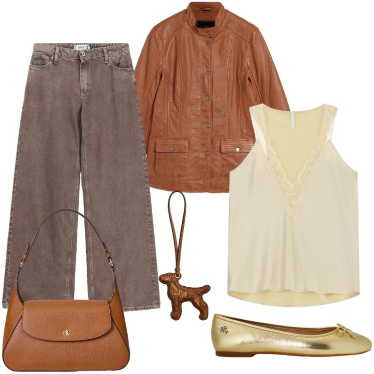Outfit donna - Total look #2458624. Stile Casual chic per Tutti i giorni. Abbinamento con giacche, canottiere, jeans dritti, borse a spalla, ballerine, ciondoli.
