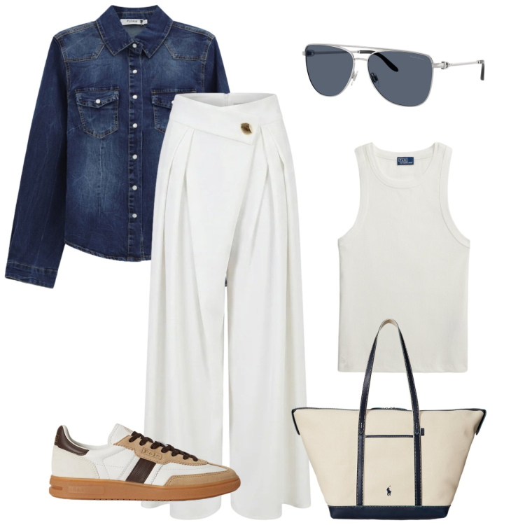 Outfit donna - Urban navy. Stile Casual per Tutti i giorni. Abbinamento con pantaloni a palazzo, camicie, borse tote, canottiere, occhiali da sole, sneakers.
