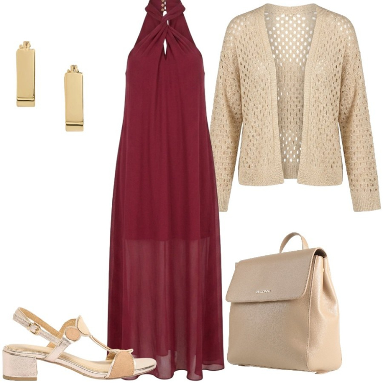 Outfit donna - Total look #2458633. Stile Casual chic per Tutti i giorni. Abbinamento con zaini, sandali col tacco, cardigans, vestiti lunghi, orecchini.