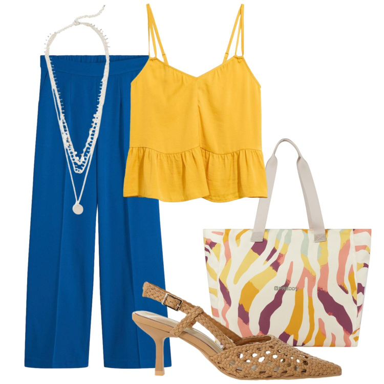 Outfit donna - Blue e giallo. Stile Chic per Ufficio. Abbinamento con shopping bag, décolleté, collane, top, pantaloni a palazzo.