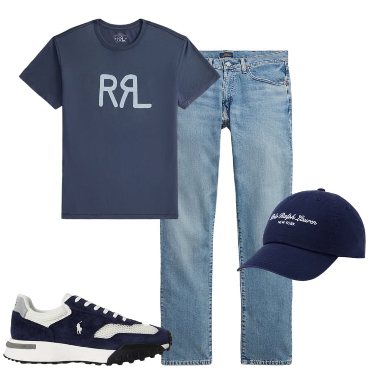 Outfit uomo - City. Stile Casual per Tutti i giorni. Abbinamento con jeans, t-shirt, cappelli con visiera, sneakers.