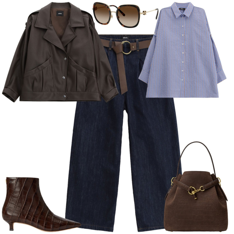 Outfit donna - Sporty chic ufficio tempo libero. Stile Sporty chic per Tutti i giorni. Abbinamento con giacche, pantaloni a palazzo, camicie, stivaletti, occhiali da sole, borse a secchiello.