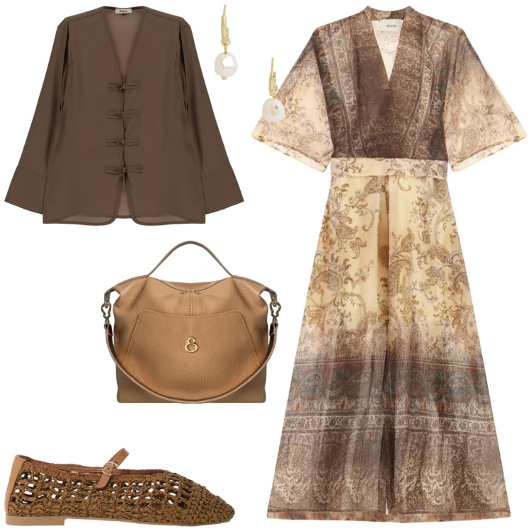 Outfit donna - Chic ufficio tempo libero. Stile Chic per Tutti i giorni. Abbinamento con vestiti lunghi, ballerine, camicie, borse a mano, orecchini.