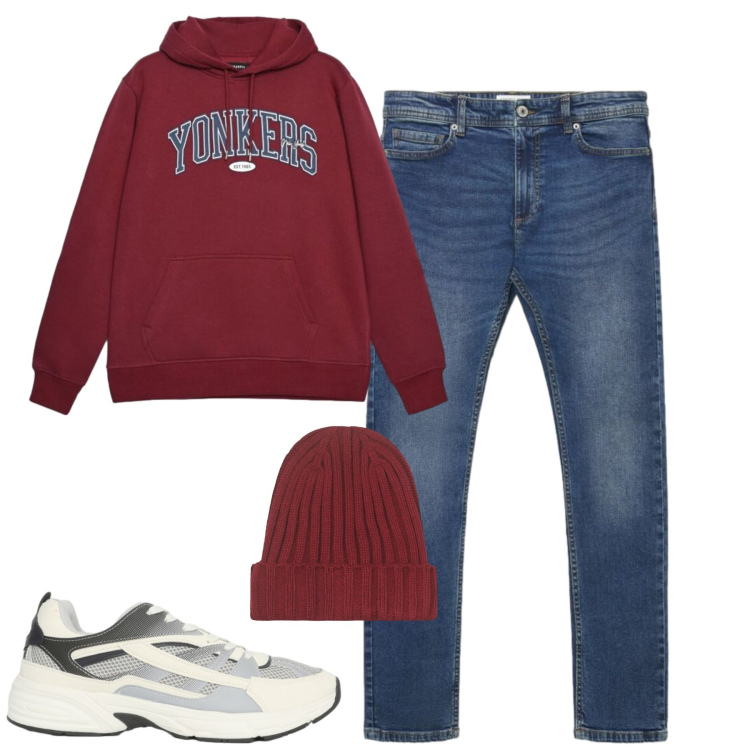 Outfit uomo - Fall. Stile Casual per Tutti i giorni. Abbinamento con sneakers, jeans skinny, felpe con cappuccio, berretti.