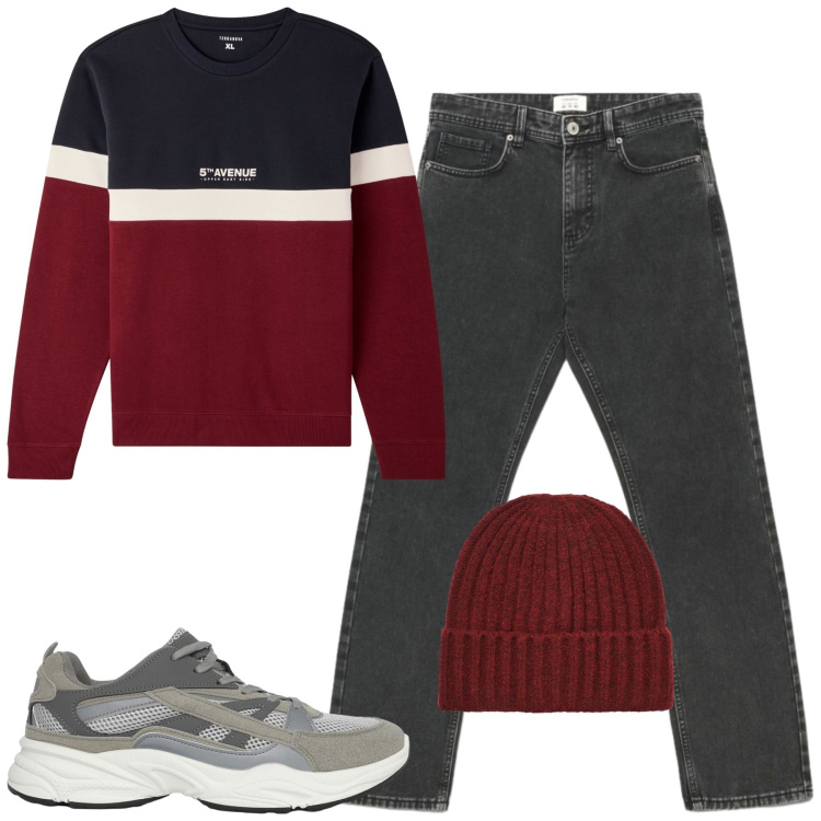 Outfit uomo - Fall. Stile Casual per Tutti i giorni. Abbinamento con sneakers, felpe, jeans dritti, berretti.
